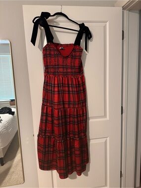 ARULA Red Plaid Midi Dress with Black Shoulder Ties
